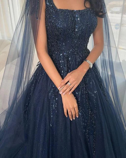 Elegant Navy Blue Spaghetti Strap A-Line Long Prom Dress Ideas, Evening Party Dresses,WGP1918