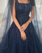 Elegant Navy Blue Spaghetti Strap A-Line Long Prom Dress Ideas, Evening Party Dresses,WGP1918