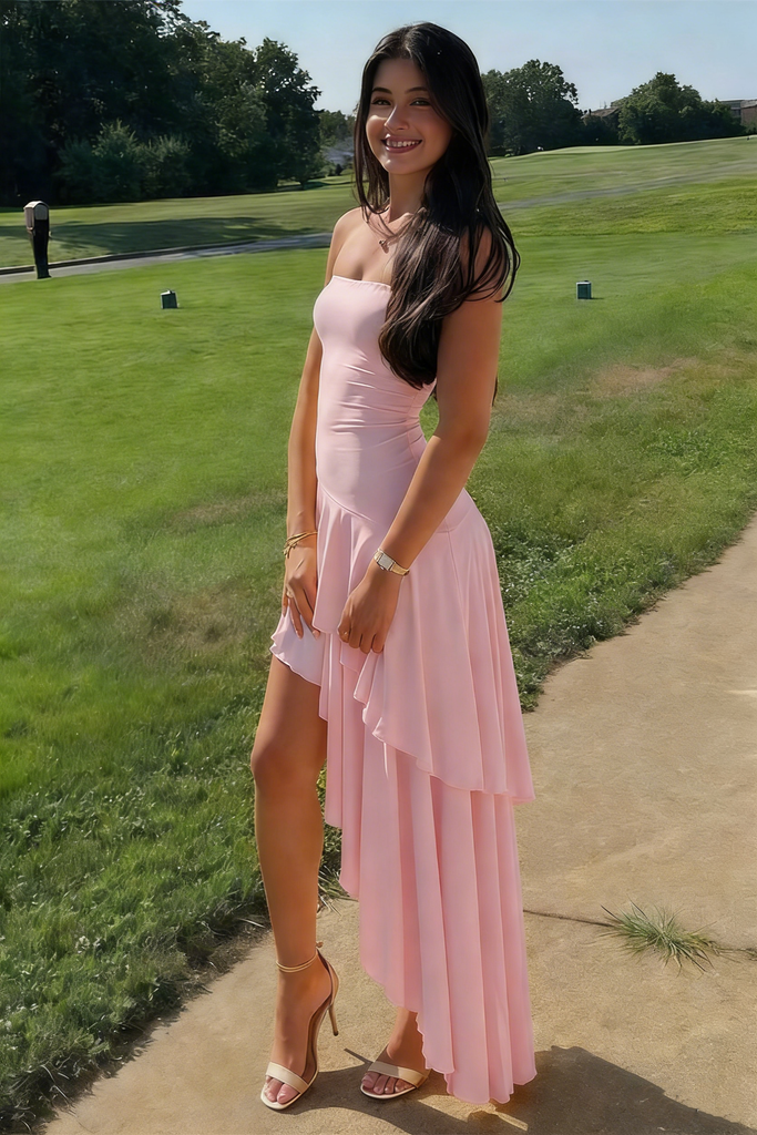 Pink Strapless High Low Prom Dress Unique Ruffle Chiffon Party Formal Dresses,WGP2073