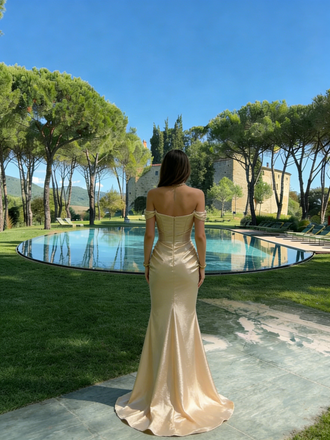 Luxurious Gold Satin Off-Shoulder Prom Gown with Draped Neckline Slim Silhouette,WGP2195