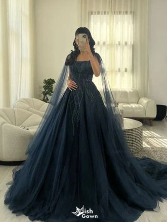 Elegant Navy Blue Spaghetti Strap A-Line Long Prom Dress Ideas, Evening Party Dresses,WGP1918