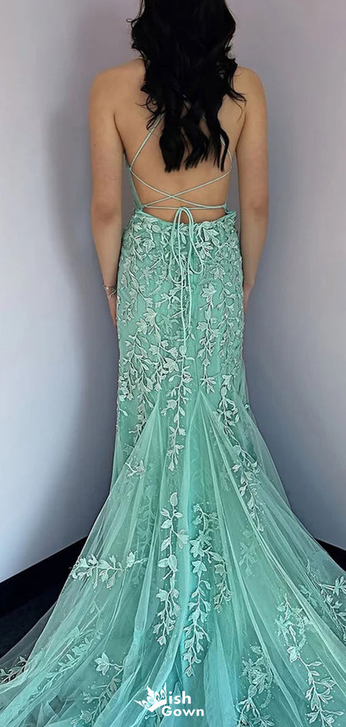 Elegant Spaghetti Strap Square Lace Mermaid Unique Long Prom Dress Ideas, Evening Party Dresses,WGP1162