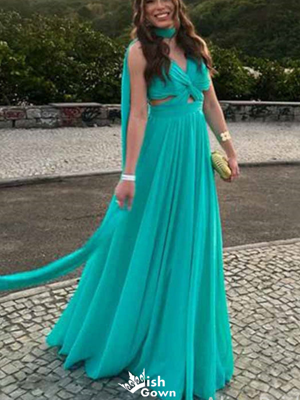 Elegant Halter V-neck A-line Long Prom Dress Ideas, Evening Party Dresses,WGP1649