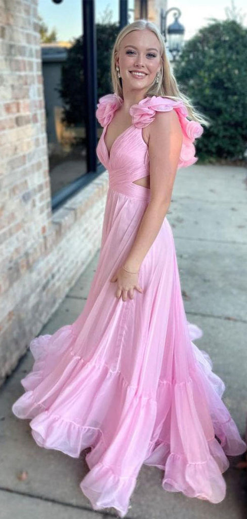 Unique Floral Applique Pink Prom Dress Ruched Bodice Flowy A-Line Evening Gown,WGP2172