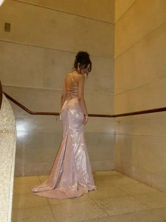 Sparkly Pink Spaghetti Strap Mermaid Long Prom Dress Ideas, Evening Party Dresses, WGP2009