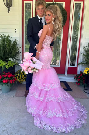 Elegant Applique Pink Spaghetti Strap Mermaid Long Prom Dress Ideas, Evening Party Dresses,WGP1983