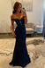 Elegant Navy Blue Off-Shoulder Mermaid Long Prom Dress Ideas, Evening Party Dresses, WGP2023
