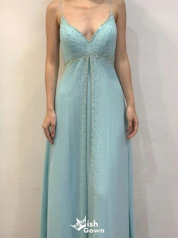 Elegant Spaghetti Strap V-neck A-line Long Prom Dress Ideas, Evening Party Dresses,WGP1704