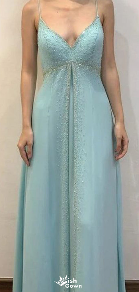 Elegant Spaghetti Strap V-neck A-line Long Prom Dress Ideas, Evening Party Dresses,WGP1704
