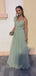 Popular Floral Green V-Neck A-Line Sleeveless Long Prom Dress Ideas, Evening Party Dresses,WGP1681
