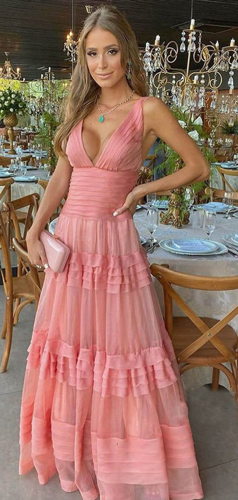 Elegant Pink V-Neck A-Line Long Prom Dress Ideas, Evening Party Dresses,WGP1849