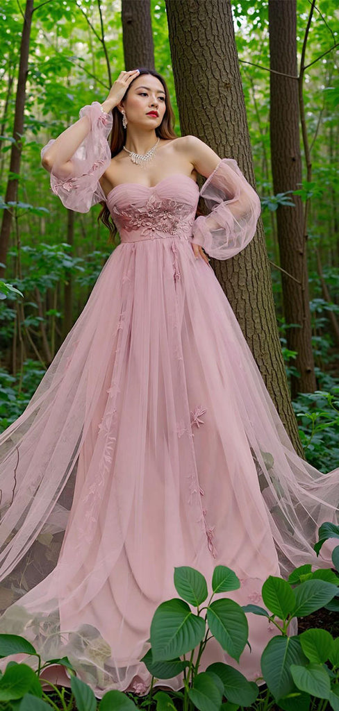 Sexy Pink Sweetheart Floral A-Line Long Prom Dress Ideas, Evening Party Dresses,WGP1657
