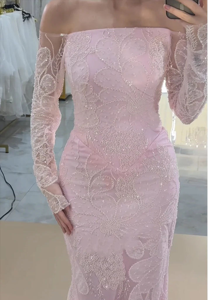Sexy Pink Off-Shoulder Long Sleeve Mermaid Long Prom Dress Ideas, Evening Party Dresses,WGP1908