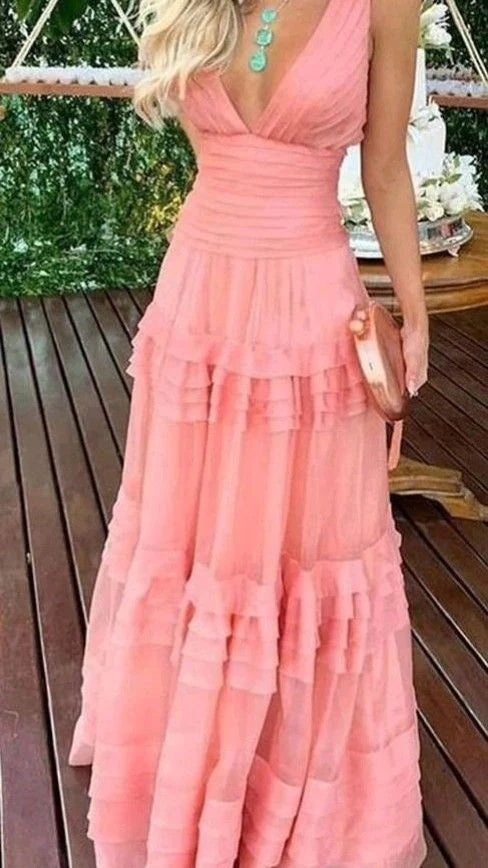 Elegant Pink V-Neck A-Line Long Prom Dress Ideas, Evening Party Dresses,WGP1849