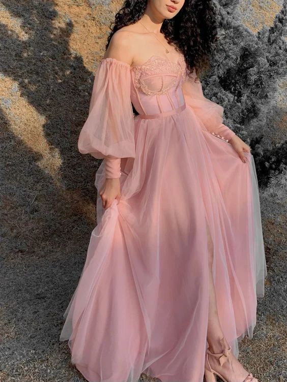 Elegant Pink Off-Shoulder A-Line Long Prom Dress Ideas, Evening Party Dresses,WGP1920