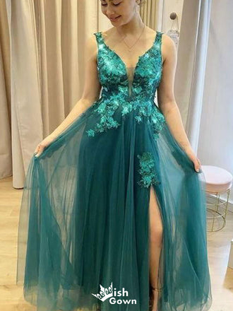 Unique V-neck Notched A-line Long Prom Dress Ideas, Evening Party Dresses,WGP1744