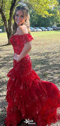 Gorgeous Off-shoulder Sheath Lace Long Prom Dress Ideas, Evening Party Dresses,WGP1172