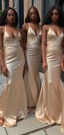 Sexy Champagne Mermaid Spaghetti Straps V Neck Sleeveless Popular Cheap Maxi Long Wedding Guest Bridesmaid Dresses,WGM298