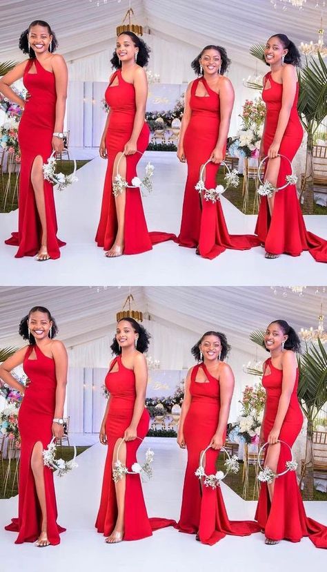 Unique Red Mermaid One Shoulder Sleeveless Side Slit Popular Cheap Maxi Long Wedding Guest Bridesmaid Dresses,WGM337