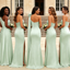 Classy Green Satin Bridesmaid Dress Sexy One Shoulder Ruched Side Slit Long Wedding Guest Gow,WGM479
