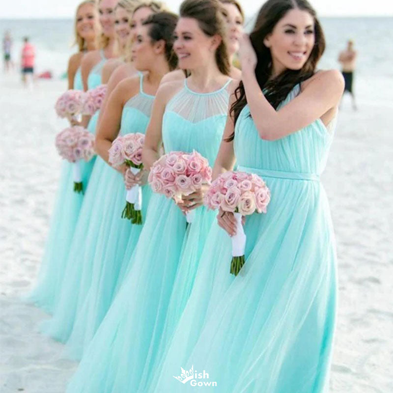 Unique Mint Green Halter Sleeveless A-Line Long Bridesmaid Dresses Online,WGM435