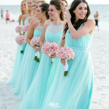 Unique Mint Green Halter Sleeveless A-Line Long Bridesmaid Dresses Online,WGM435