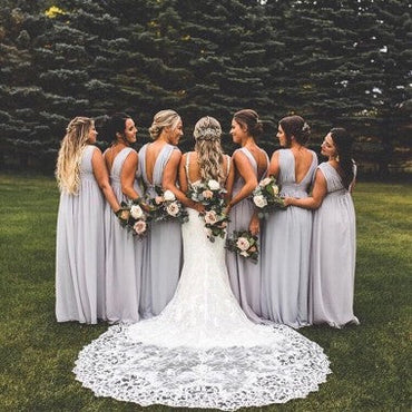 Elegant Gray V-Neck Sleeveless Mermaid A-Line Long Bridesmaid Dresses Online, WGM420