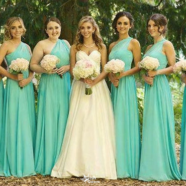Elegant Mint Green One-Shoulder Sleeveless A-Line Long Bridesmaid Dresses Online,WGM437