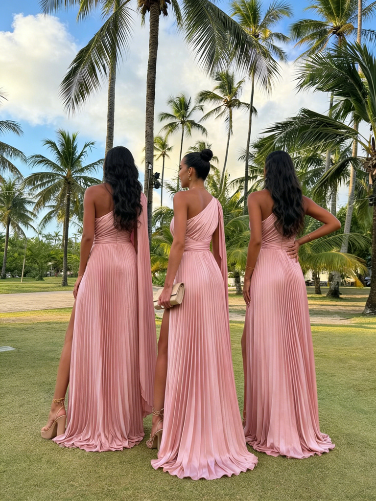 Sexy Pink Pleated Chiffon Bridesmaid Dress with High Slit One Shoulder Cape Sleeve Formal Gown,WGM477