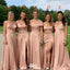 Fancy V Neck A-Line Bridesmaid Dress with Pleated Bodice and Sexy Leg Slit Satin Wedding Guest,WGM478