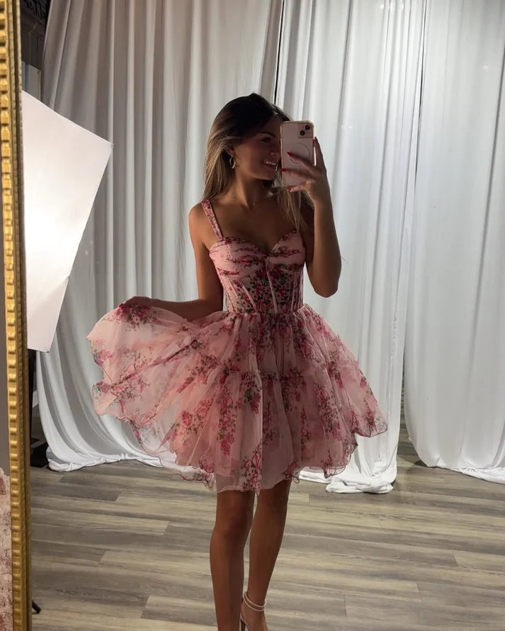 Cute Pink Spaghetti Strap A-Line Short Homecoming Dresses For Party, EPT677