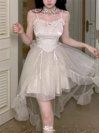 Elegant White Spaghetti Strap High-Low Sleeveless Homecoming Dresses For Birthday Party, EPT699