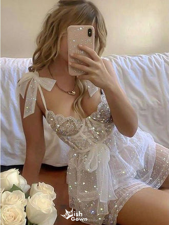 Sparkly White Spaghetti Strap A-Line Short Homecoming Dresses For Birthday Party, EPT711