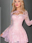 Sexy Pink Sweetheart Long Sleeve Lace A-Line Short Homecoming Dresses For Party, EPT663