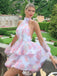 Pretty Halter Backless Floral Print Organza Homecoming Dresses, EPT718