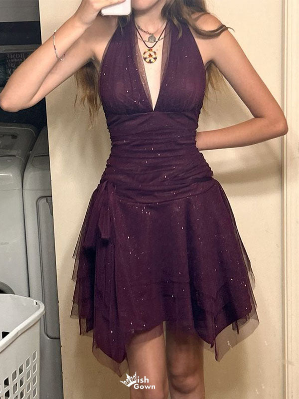 Sexy Purple V-Neck Sleeveless A-Line Short Homecoming Dresses For Party , EPT663
