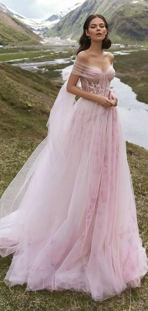 Elegnat Off-The-Shoulder Tulle Wedding Dress Pink Floral Applique Fairy Style Ball Gown,WDH190
