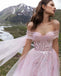 Elegnat Off-The-Shoulder Tulle Wedding Dress Pink Floral Applique Fairy Style Ball Gown,WDH190