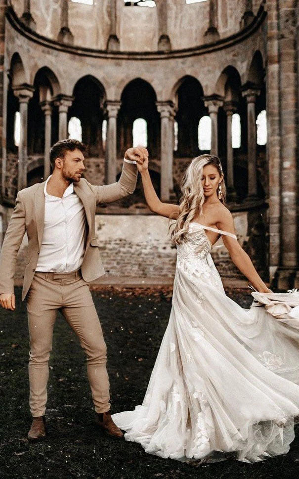 Unique Off Shoulder Floral Lace Wedding Dress A Line Tulle Bridal Gown,WDH189