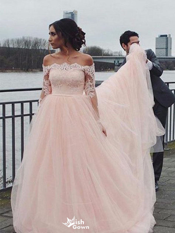 Elegant Pink Long Sleeve Lace Mermaid Long Wedding Dresses With Sweep Trailing,WDH178
