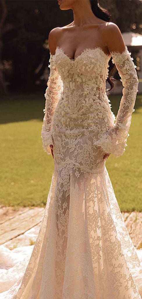 Sexy White Sweetheart Long-Sleeve Mermaid Long Wedding Dresses With Sweep Trailing ,WDH174