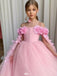 Cute Pink Off-Shoulder Floral Long A-Line Flower Girl Dress , FG026