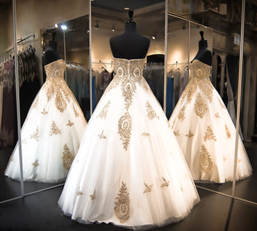 Gorgeous Sweet Heart White Golden Beaded Long Ball Gown Prom Dresses, WG597 - Wish Gown