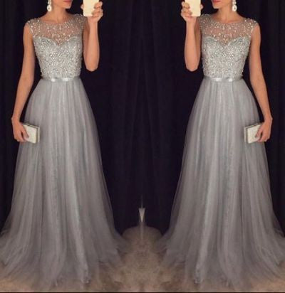 Grey Beaded Top Shinning Tulle Elegant Cheap Long Prom Dresses, WG718