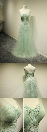 Tulle Sweet Unique Green Lace Formal A line Cheap Custom Make Evening Long Prom Dress, PD0193