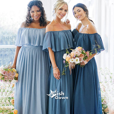 Different Blue Off Shoulder Chiffon A-line Wedding Guest Long Bridesmaid Dresses, WGM025