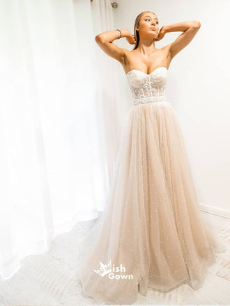 Lace Strapless Sweetheart A-line Beads Tulle Evening Gowns Prom Dresses , WGP162