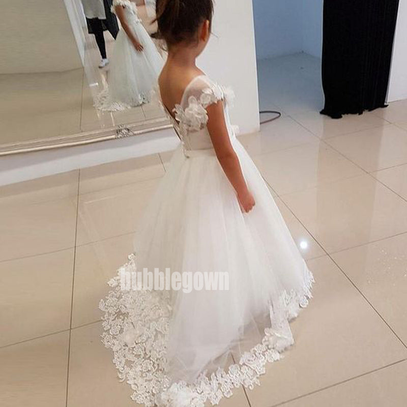 Elegant White  Cap Sleeve Tulle Long Wedding Flower Girl Dresses, FGD014