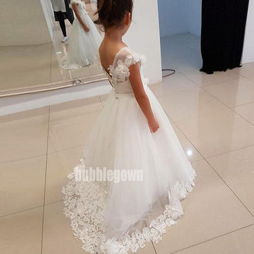 Elegant White  Cap Sleeve Tulle Long Wedding Flower Girl Dresses, FGD014